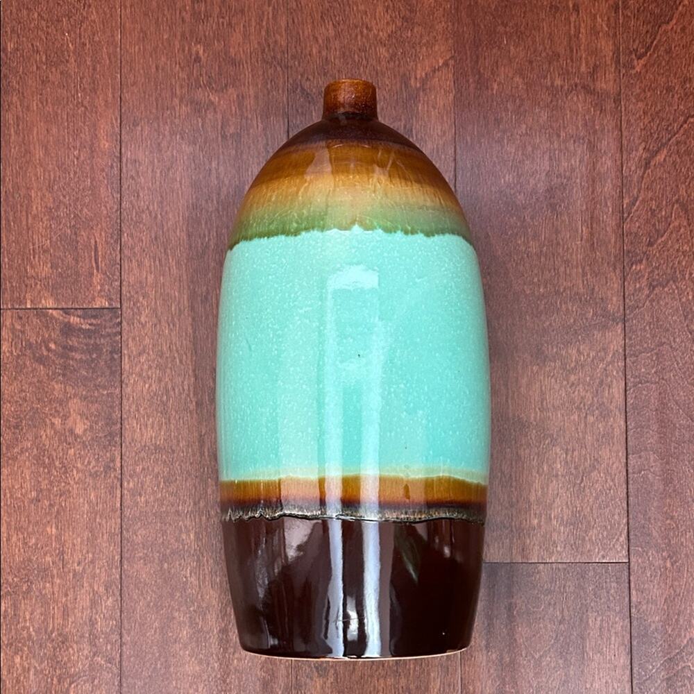Large Earthy Turquoise & Chocolate Brown Ceramic Vase, Boho Statement Piece